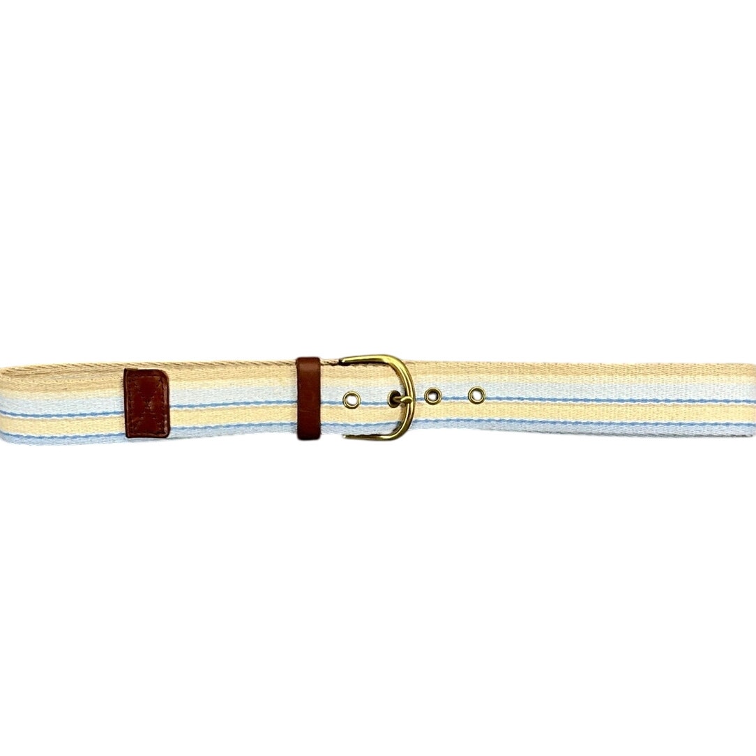 Eddie Bauer Pastel Yellow Blue Stripe Canvas Leather Trim Belt Men 31"-35"
